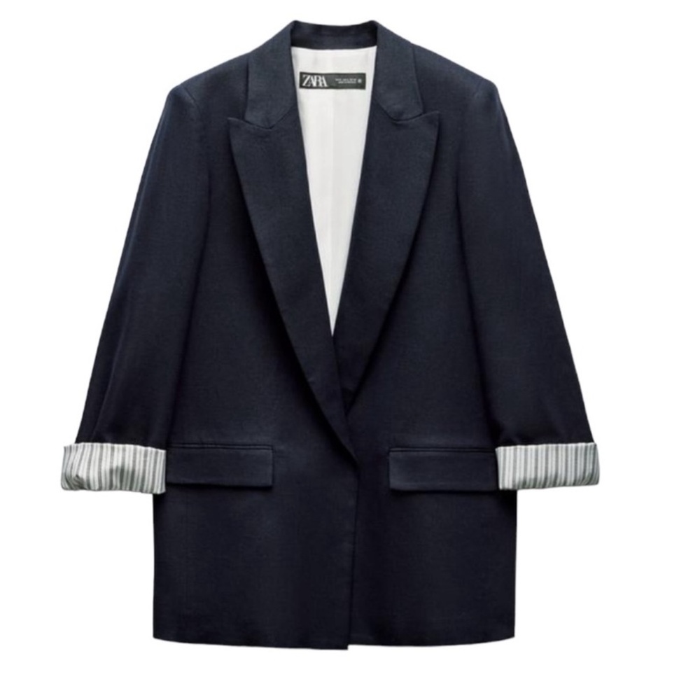 ZARA LINEN BLEND ROLL UP SLEEVE OPEN FRONT BLAZER BLACK SIZE L - Picture 2 of 8